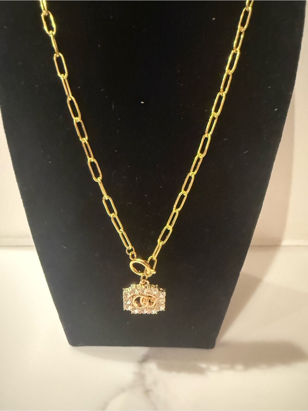 Upcycled Gucci Gold Crystal GG Charm Pendant Necklace - Picture 11 of 12